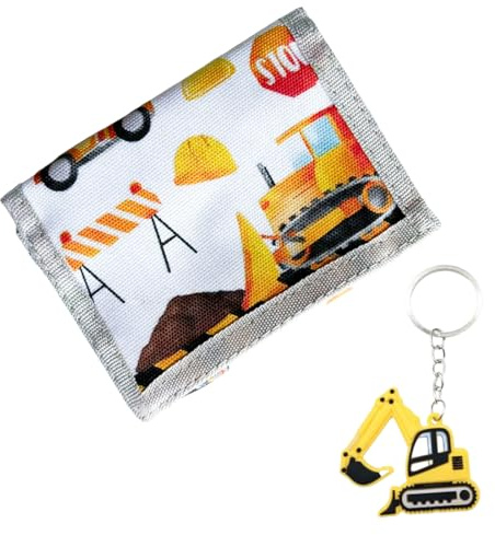 YUPZAR Portefeuille pour Enfants,Thème Excavatrice pour Enfants - avec Cordon+Trousseau de Clés, Pliable avec Fente pour Documents et Cartes (Jaune)