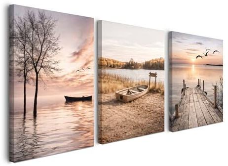 Alptiny Set di 3 quadri da parete con paesaggio, 30 x 40 cm, immagini naturali con barca, alberi e lago, quadri su tela per soggiorno, con ganci e chiodi per un facile montaggio