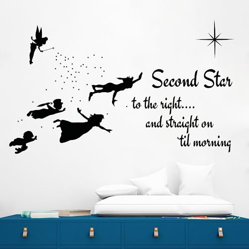 Second Star to The Right and Straight On Til Morning Peter Pan Quote Wall Decor I Tinker Bell Wall Decal for Child Room Decorations I Multiple Size Options (Wide 40 x 24 Height)