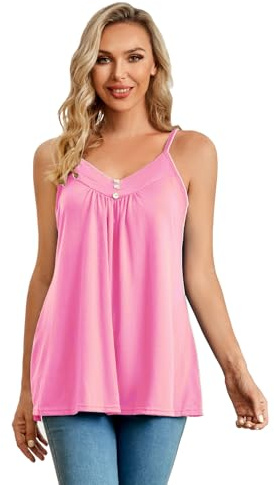 Closhion Strap Camis for Women, V Neck Flowy Swing A Line Hem Button Camisole (XXL (UK 16), Pink)