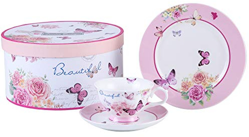 Afternoon Tea Set 3 Coffee Tea Cup and Saucer Dessert Plate Shabby Chic Vintage Porcelain Gift Box (Butterflies)