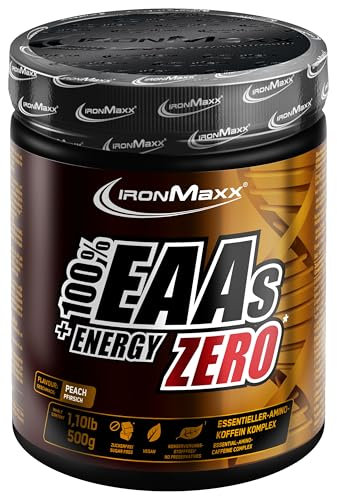 IronMaxx 100% EAAs + Energy Zero - Pfirsisch 500g Dose | EAA-Pulver, vegan und zuckerfrei mit allen 8 essentiellen Aminosäuren | fruchtiger Geschmack, frei von Konservierungsstoffen