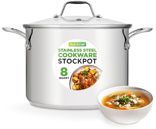 NutriChef Edelstahl Kochtopf 8 L mit Glasdeckel | Induktion & Gas geeignet | Großer 18/8 Suppentopf & Nudeltopf | Hitzebeständig bis 260 °C | Für alle Herdarten