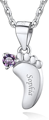 Custom4U Pies de Bebe Collar Personalizado Plata de Ley 925 Mujer Madre Cadena Plateada Colgante Oro Blanco con Nombres Personalizados Piedras de Nacimiento Regalo Día Valentín
