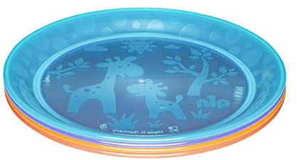 nip Baby-und Kinderteller Set mit Motiv, spülmaschinengeeignetes Kindergeschirr, extra flach & perfekt für Beikoststart, Plastikteller BPA-frei, ohne Melamin, blau/lila/orange/rot