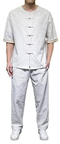 Leinenanzug Herren Freizeitanzug Atmungsaktive Tang Anzug Kungfu Chinesischer Stil Anzug Traditionelle Kampfkunst Tai Chi Wushu Hemd Hose Trainingsanzug 2-teilig Baumwollleinen Zweiteiliger(Weiß,5XL)