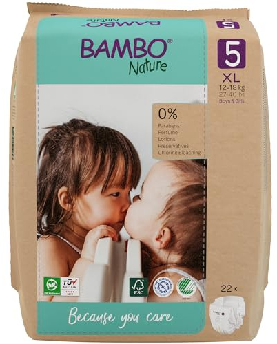 Bambo Nature Premium Eco Nappies, Size 5 (27-40lb/12-18kg), Junior, 22PK, Eco-Labelled Sustainable Nappies, Enhanced Leakage Protection, Secure and Comfortable Baby Nappy