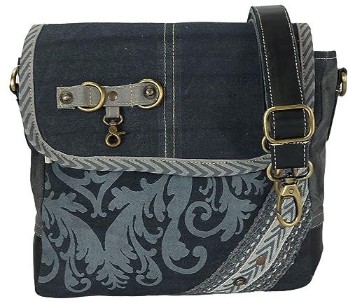 Sunsa Damen Umhängetasche. Messenger Tasche aus Canvas/Leder. Kleine Vintage Crossbody Bag mit Mandala Aufdruck. Retro Schwarze Schultertasche. Nachhaltig Handtasche als Geschenkideen