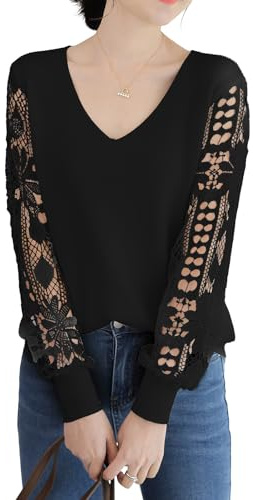 Qin Derdom Maglione in Pizzo da Donna - Elegante Pullover con Scollo a V e Occhielli all'Uncinetto, Manica Lunga, Maglia Leggera Traforata