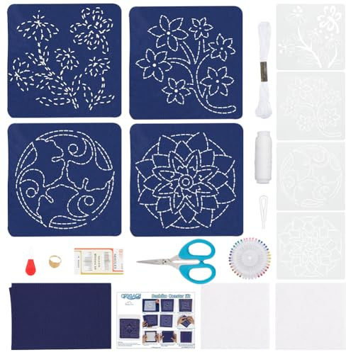 FREEBLOSS Sashiko 4 posavasos de bricolaje - Juego completo de bordado Sashiko para principiantes - Juego de costura con 4 patrones japoneses Sashiko para adultos