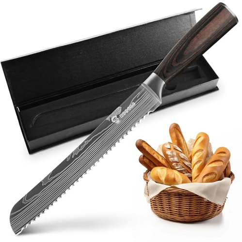 KUOGAS Couteau à pain avec bord dentelé 26 cm en acier inoxydable de haute qualité, lame de couteau extra tranchante avec manche ergonomique en bois Pakka (Coltello Da Pane 20 CM)