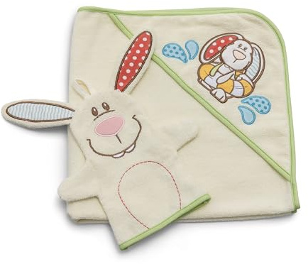 Set badhandduk med huva, kanin Tilli 70x70cm inkl. tvättvante 23x14cm i presentförpackning 28x28x4cm beige - Babyleksak att greppa och leka med i badet