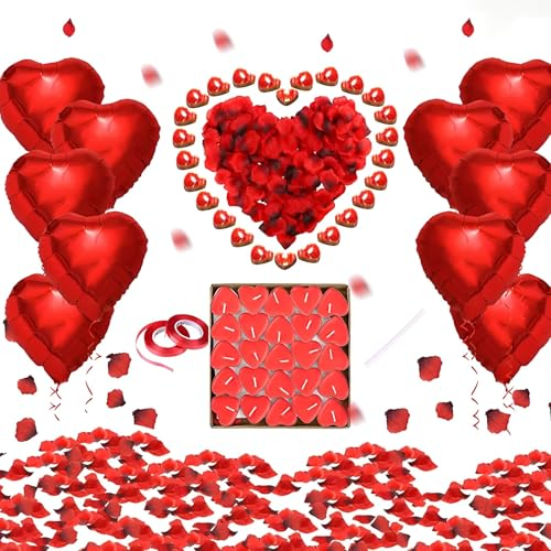 Bougies Romantiques et Pétales,Saint Valentin Décoration,50 Bougies en Forme de Coeur+10 Ballons Coeur Rouges+1000 Pétales de Rose Rouges en Soie,pour Mariage Saint Valentin D'anniversaire Fiançailles