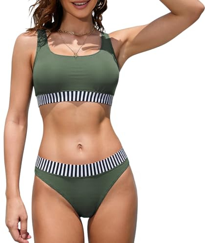 iSLASISIA Maillot de Bain Femme 2 Pieces Bikini Sport Femme 2 Pieces Taille Haute Ensemble Maillots Deux pièces Femme Push Up Rembourré（Vert Olive,EU40）