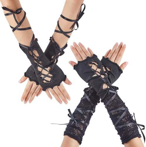 GORGECRAFT 2 par 2 stilar svarta fingerlösa spets långa handskar kvinnor justerbar punk Lolita, kort handske vintage rippad älva armvärmare ärmar handske armbåge snörning steampunk-handske för