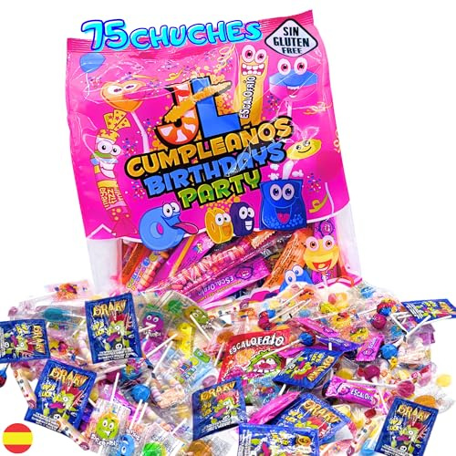 Mega Pack 75 Aprox Chuches Cumpleaños. Chuches Relleno Piñata. Sin Gluten Sin Lactosa. Bolsa para Cumpleaños. Gominolas. Golosinas. Pack Relleno Piñatas Infantiles. (Mix 75pcs)