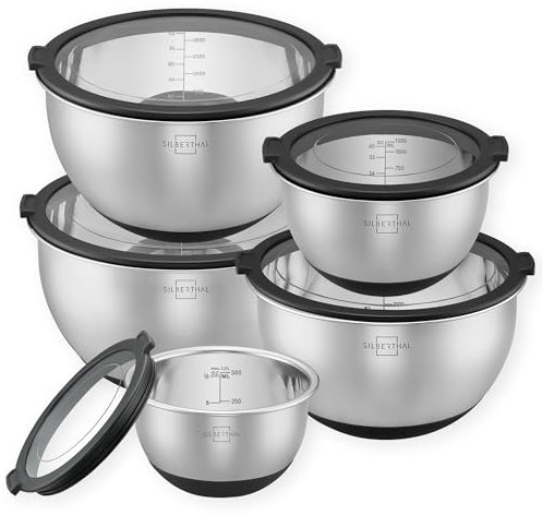 SILBERTHAL Saladiers Inox avec Couvercles Hermétiques Lot de 5 - Bol melangeur - Échelle Graduée - Cul de Poule Inox - Idéal pour Conserver ou Mixer