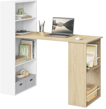 eSituro Escritorio de Oficina con Estantería y Almacenamiento - 120x60x75 cm, Mesa Estudio Multifuncional para Ordenador, Dormitorio, Estudio, 120x55x122 cm, Roble Claro y Blanco