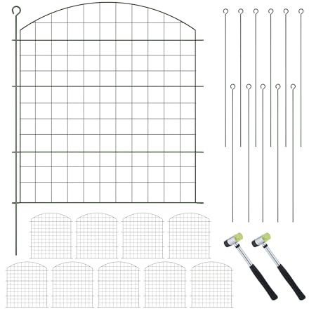 Relaxdays Teichzaun, 10 Zaunelemente, HB je 78x75 cm, Garten, Begrenzungszaun Oberbogen, zum Stecken, Metall, dunkelgrün