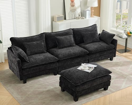 SITURAY Doppellagige Ecksofa Modulares Sofa, Wohnlandschaft L-Form Cloud Couch mit Ottomane, Chenillestoff Eckcouch Corner Sofa mit Schlaffunktion für Wohnzimmer Schlafzimmer (Schwarz, 3 Sitzer)