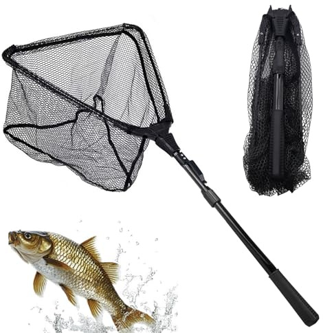 POPAPIE 1 Pieza Réd De Pesca Telescópica,Red de Pésca Plegable Triangular,Red de Pésca Recubiertas,Sacaderas de Pesca con Mango Antideslizante para Kayak Salmón Pez Gato Bajo (Negro)