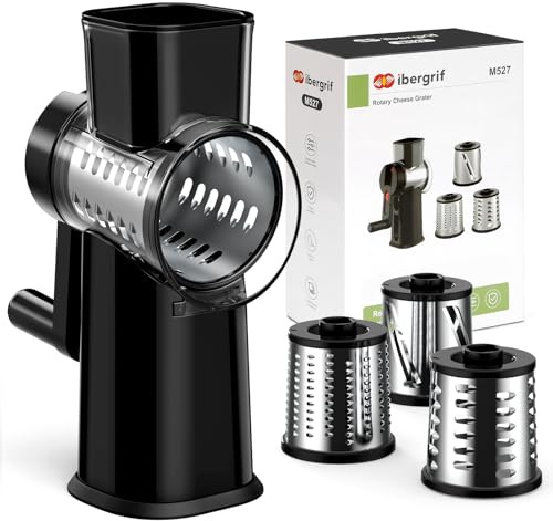 Ibergrif Grattugia Formaggio Manuale con Manovella – Mandoline 3 in 1, 3 Lame Acciaio Inox 430, Protezione Dita, Base Ventosa, per Verdure, Formaggio e Frutta Secca