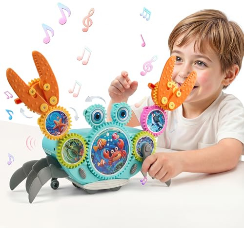 Meribbit Krabba kugghjulsbyggklossar, kreativt konstruktionsleksak med sidoförflyttning, musik och ljus, Montessori sensorisk pedagogisk med hinderdetektering, för barn från 3 år