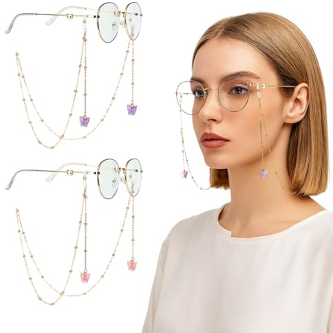 THQAE 2 Pièces Papillon Chaîne de Lunettes,Cordon Lunettes Femme,Chaine Lunettes de Soleil,Élégant Chaine Lunettes,pour Femmes
