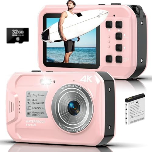 Fotocamera subacquea 4K UHD, 64MP Autofocus fotocamera digitale impermeabile con scheda da 32 GB, IP68 e 16FT fotocamera subacquea con schermi IPS HD, zoom digitale 16X galleggiante, luce luminosa