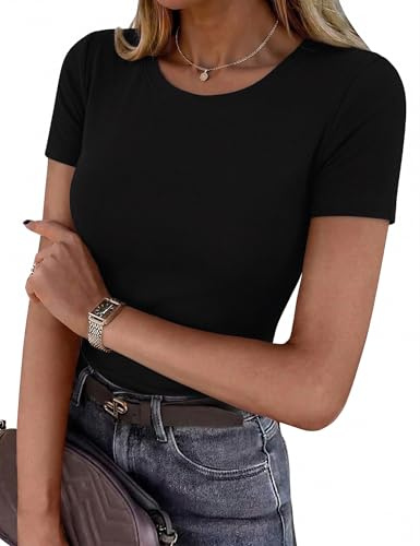Totatuit Camiseta Mujer Manga Corta Cuello Redondo Básica Elástica | Tejido suave y ligero; elasticidad cómoda; oficina viajes paseos uso diario; combina con vaqueros falda y blazer
