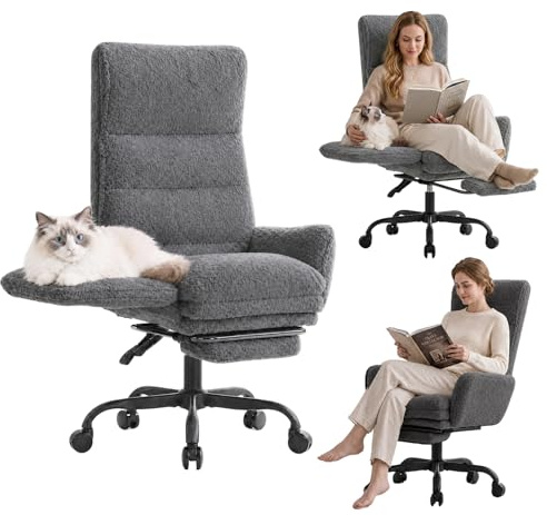 Submi Silla Oficina con Respaldo Alto, Silla Escritorio para Trabajar Largas Horas, Tela de Peluche, Silla Oficina Ergonomica con Reposabrazos Abatibles, Ejecutiva Silla Gaming con Reposapies, Gris