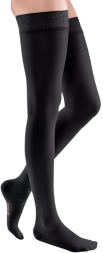 medi mediven elegance - 0268505 Oberschenkellange Damen Kompressionsstrümpfe mit offener Spitze | CCL2 | Weites Noppen-Haftband | Schwarz | Gr. V normal