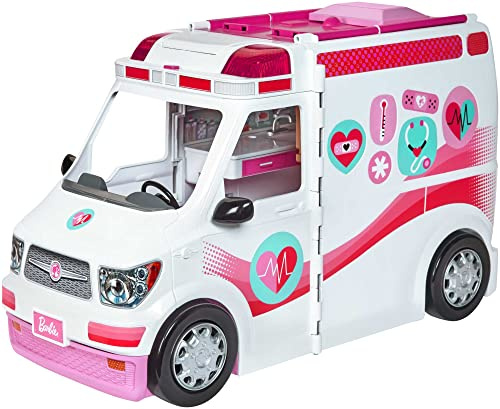 Barbie Ambulance and Hospital Playset, Emergency Vehicle with Lights and Sounds Transforms into Care Clinic and 20 Doll Accessories, Toys for Ages 3 and Up, One Barbie Vehicle, FRM19