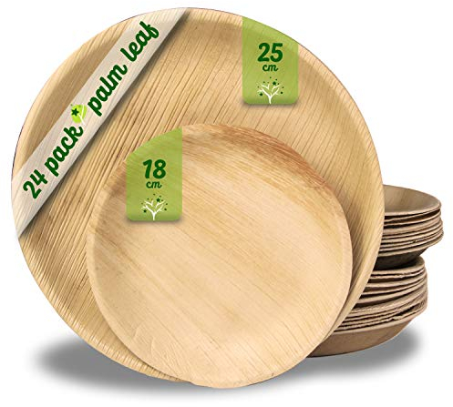 GoBeTree Platos Desechables de Hoja de Palma 24 Platos Redondos de 25 cm y 18 cm. Vajilla para barbacoas, picnic y Fiesta de cumpleaños, Similar al bambú, más fuerte que platos de papel