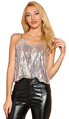 Allegra K Dam V-hals spaghetti rem paljetter crop tank topp, Silver rosa, L