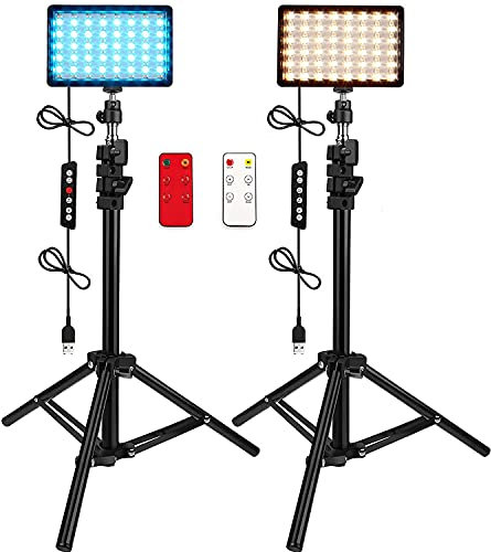 2 Packungen RGB-LED-Fotobeleuchtung,LED-Panel-Leuchten mit Stativ-Ständer 4 weiße Filter Dimmbare kontinuierliche Tischplatte USB-Ladestudiolicht für Videokonferenzen Zoom YouTube TikTok