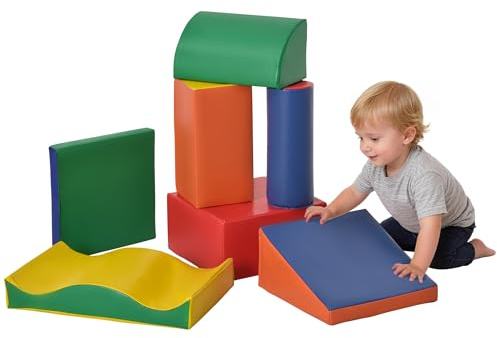 HOMCOM 7PCS Module motricité bébé Parcours motricité bébé Blocs de Construction en Mousse EPE avec Housse en polyuréthane - Jouets éducatifs pour Enfants d'âge préscolaire, Multicolore
