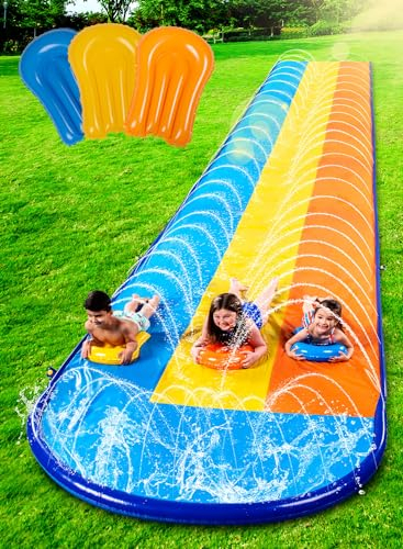 Sloosh 18ft/548cm Dreispurige Rutschbahn mit 3 Bodyboards, Rasen-Wasserrutsche mit Sprinkler für Kinder und Erwachsene, Außen-Wasserspielzeug für Sommer-Spaß