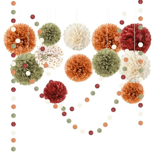 NICROLANDEE Décorations d'automne – 15 pompons citrouille, orange, vert sauge, ivoire, guirlande pois pour Thanksgiving, fête prénatale, récolte