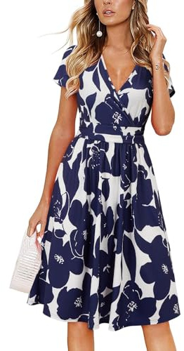 OUGES Casual Spring Summer Dress for Women 2026 Wrap V Neck A Line Midi Party Dresses with Pockets(FloralZ30,L)