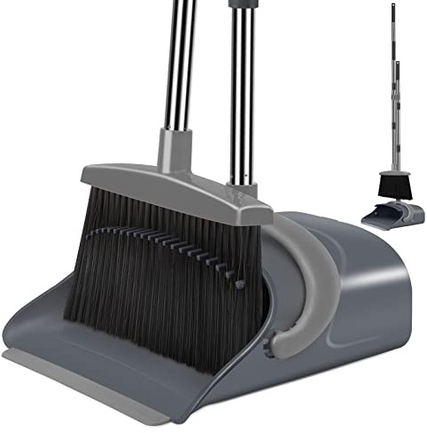 Broom and Dustpan Set, Dust pan with Long Handle, Broom with Dustpan Combo Set, Broom and Dustpan for Home, Indoor or Outdoor Cleaning Tool (Deep Gray&Light Gray)