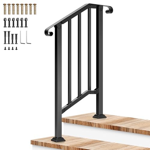 VIVOSUN Outdoor Handrail, 2 Step Stair Handrail, 26 x 36 Fits 1 to 2 Steps, Wrought Mattle Iron Stair Railing with Curved Ends and Balusters for Concrete Steps, Porch Steps, One-step Assembly, Black