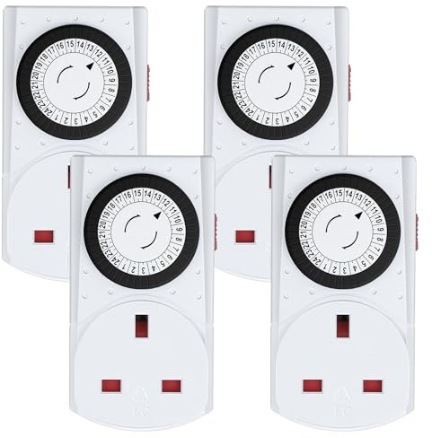 G-Homa Mechanical Timer Plug Socket UK, 24 Hour Programmable Energy Saving Plug-in Indoor Timer Plug Switch for Lights, Lamps and Home Appliances, Daily On/Off Cycle, CE Listed (4 Pack)