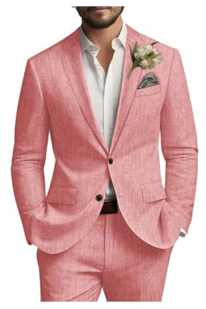 Costumes 2 pièces décontractés en lin beige pour hommes, costumes de mariage, coupe ajustée, smoking, blazer en lin, pantalon, fête, dîner, rose, 58