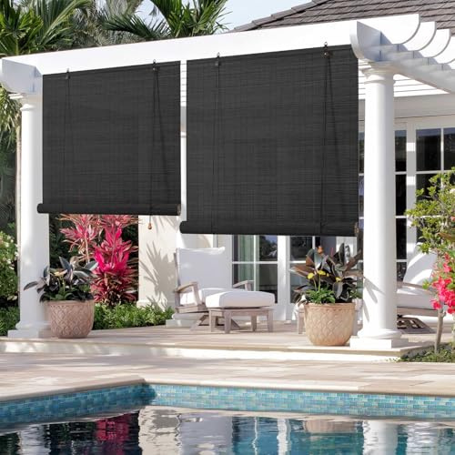 Schwarz Bambusrollo Outdoor 80% Blackout Bambus Jalousie Holzrollo Natur Sichtschutz Sonnenschutz Rollo Bambus Raffrollo 50 60 80 90 100 110 120 130 140 150 160cm Breit für Balkon Küche(W50xH120cm)