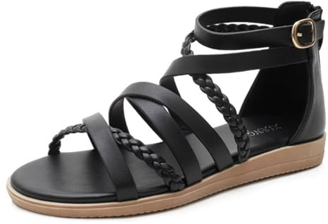 OTMYIGO Sandalias Planas para Mujer con Cremallera Trasera y Tiras al Tobillo, Chanclas Romanas Abiertas de Verano, Zapatos de Gladiador para Playa,Negro,37 EU