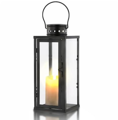 Kongming Lanterna per esterni, in metallo e vetro, resistente alle intemperie, colore nero, portacandele, lanterna decorativa per giardino e cimitero (piccola: 10 x 10 x 24 cm)