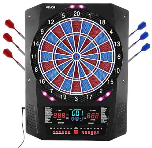 VEVOR Cible de fléchettes électronique, 336 mm, Planche à fléchettes avec 45 Jeux et 474 Variantes pour jusqu'à 8 Joueurs, 6 tiges de fléchette avec ailettes et 50 Pointes Souples, écran LED Couleur