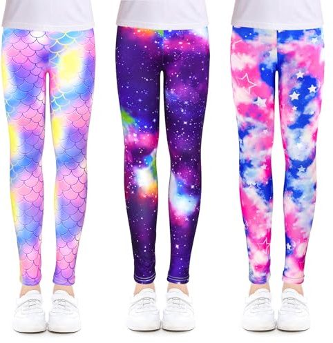 OioTuyi 3-pack flickleggings – färgglada sport- och fritidsbyxor med galax och stjärnmönster, elastiska, ogenomskinliga, storlekar 104–158