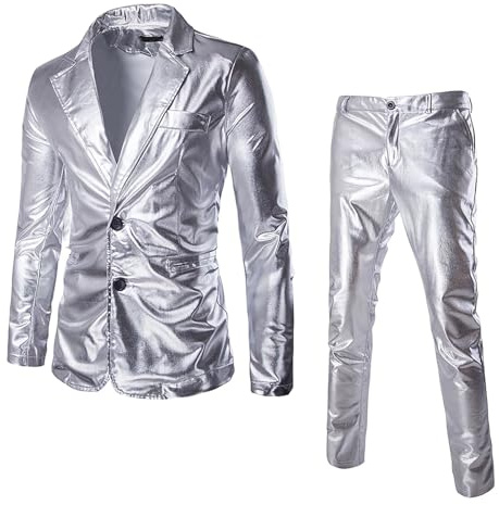 WAZHAKU Traje de esmoquin para hombre, 2 piezas, corte ajustado, traje de boda, chaqueta, pantalón para fiesta, discoteca, color plateado brillante, traje de ocio, traje ajustado, blazer, juego de 2